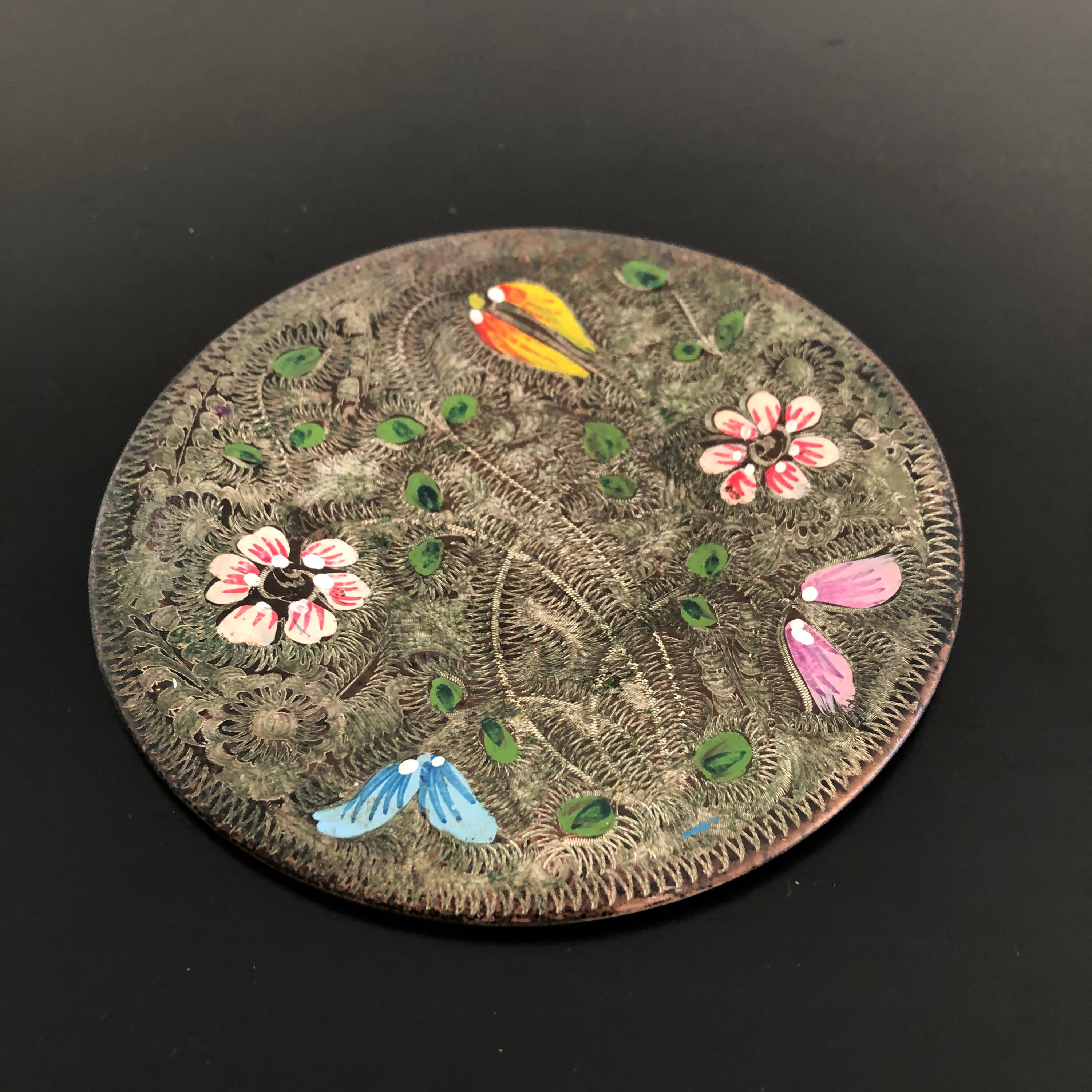 ヴィンテージトルコ銅壁プレート：手描きの花飾り - Etsy 日本