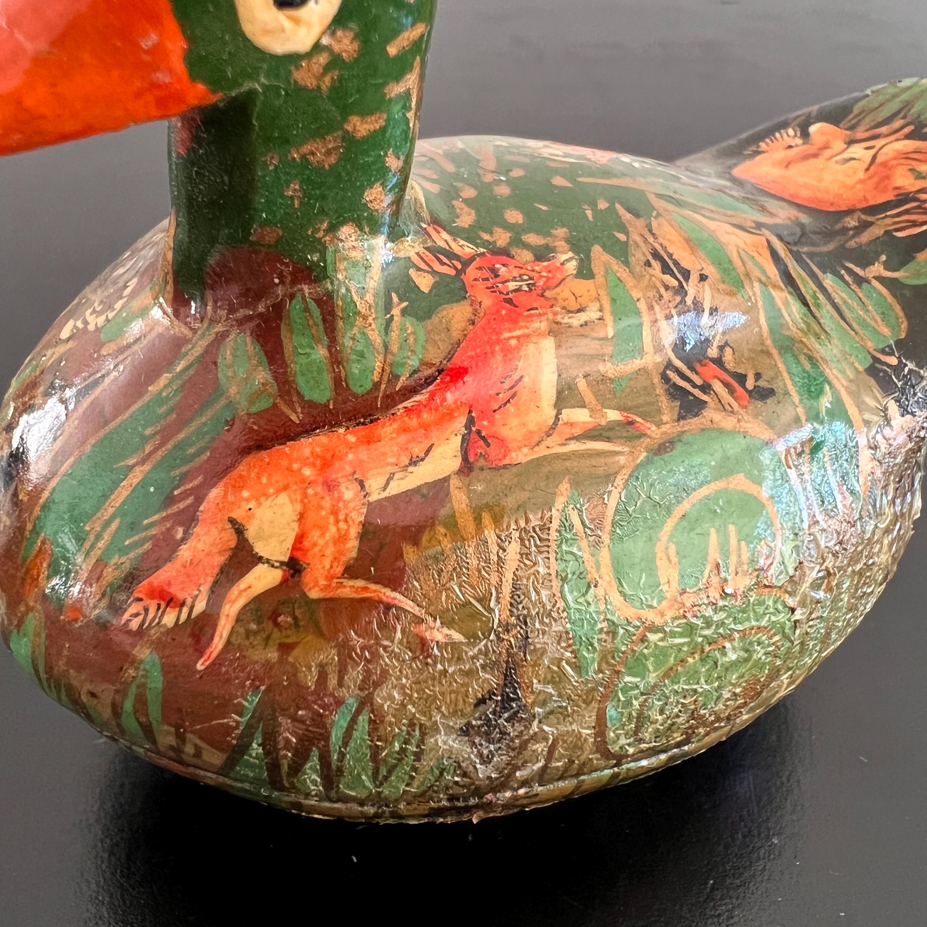 ヴィンテージの手描き紙張り子のアヒルの小物入れ：カシミールの民芸品 