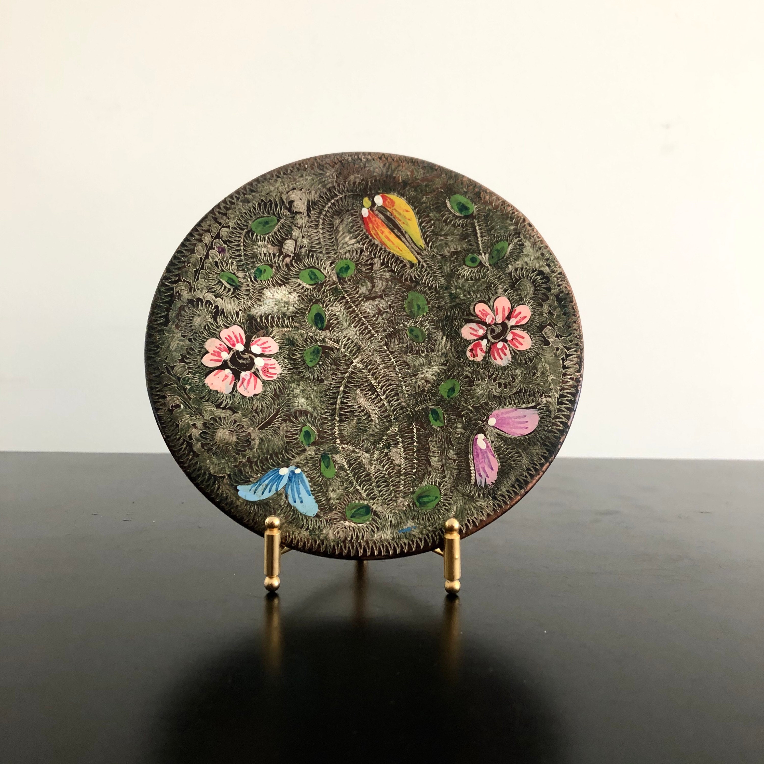 ヴィンテージトルコ銅壁プレート：手描きの花飾り - Etsy 日本