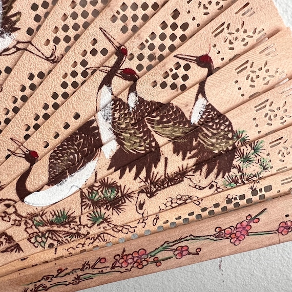 ヴィンテージ木製扇子：中国の鶴鳥装飾 - Etsy 日本