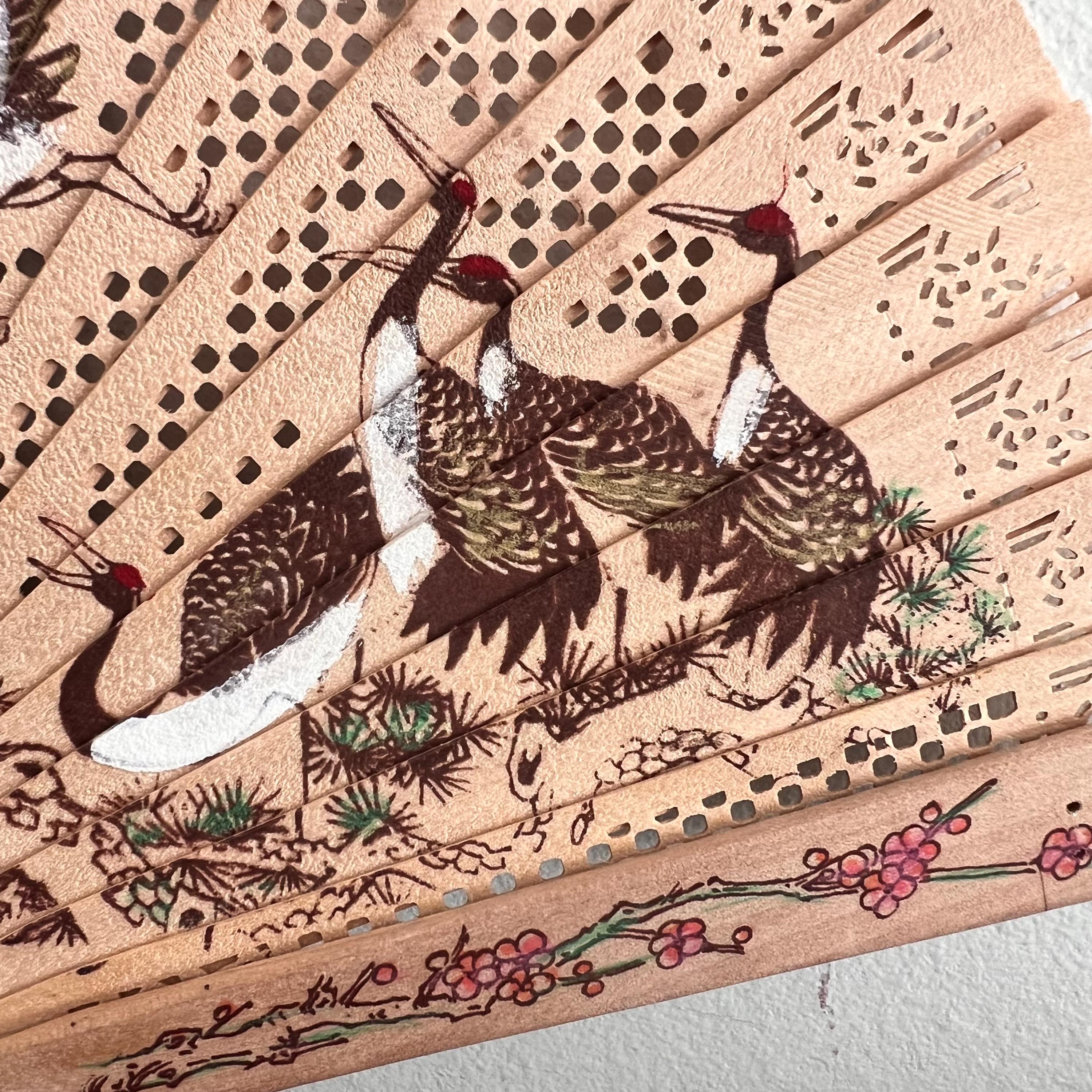 ヴィンテージ木製扇子：中国の鶴鳥装飾 - Etsy 日本