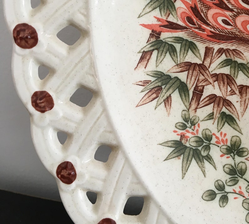 Vintage Decorative Bowl Oriental Peacock,Made In Japan Japanese Ceramic Plate Ceramic Peacock Plate Large Plate Basket Weave Border