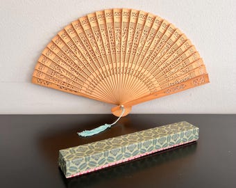 Vintage Holz Fächer: Chinesisches orientalisches Dekor, Quaste