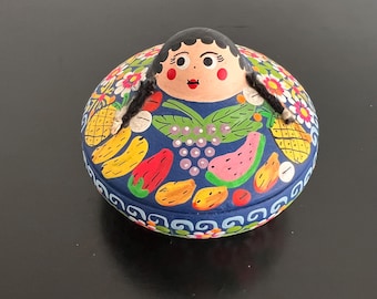 Vintage Mexican Trinket Box: Hand-Painted Terracotta Folk Art
