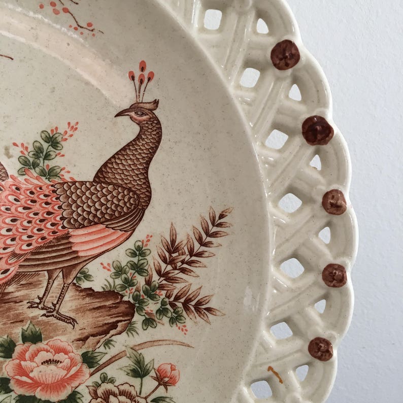 Vintage Decorative Bowl Oriental Peacock,Made In Japan Japanese Ceramic Plate Ceramic Peacock Plate Large Plate Basket Weave Border