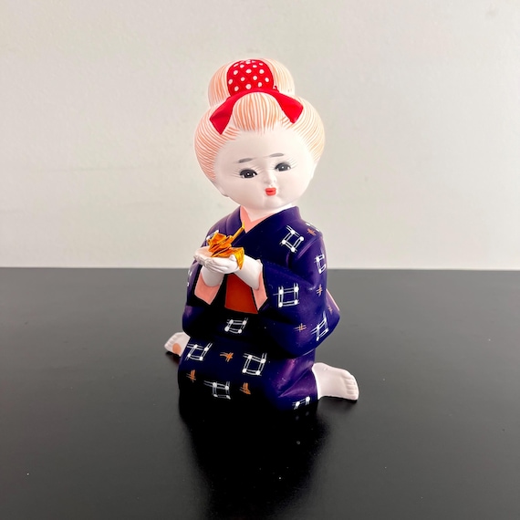 Vintage Hakata Doll: Hand-painted Clay Figurine With Paper Crane