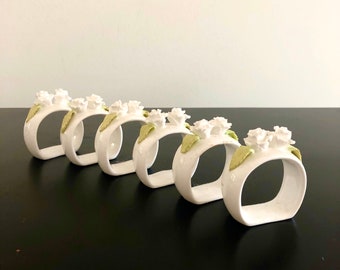 ヴィンテージ磁器フラワーナプキンリング：ブルー＆ピンクのバラ、6個