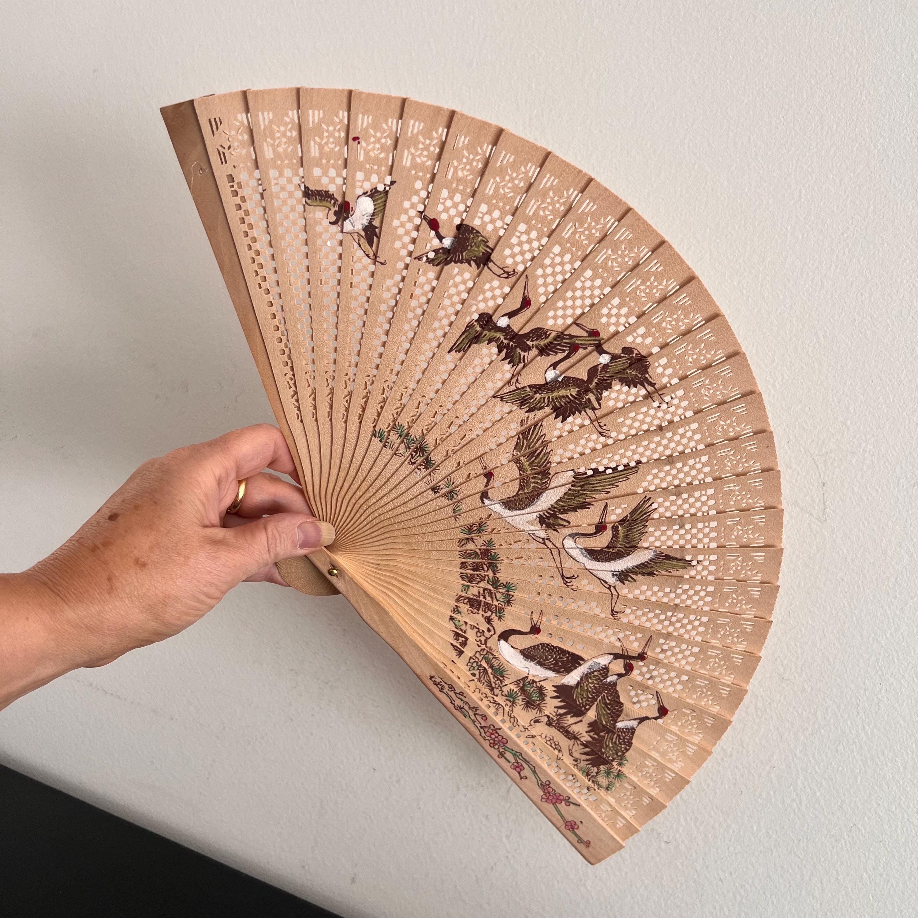 ヴィンテージ木製扇子：中国の鶴鳥装飾 - Etsy 日本