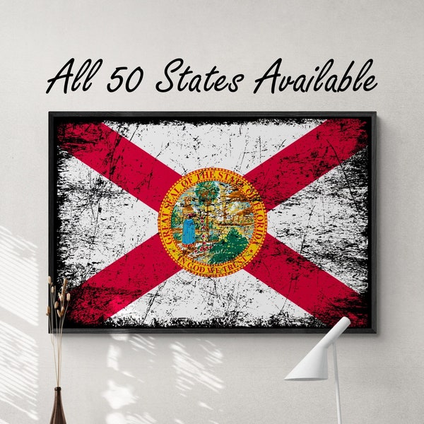 Framed Worn State of Florida Flag | Distressed Florida Flag Print | Framed Canvas Flag Hanging | All State Flags Available