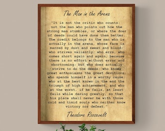 The Man in the Arena Sign: Theodore Roosevelt Quote, Vintage Distressed Framed Print