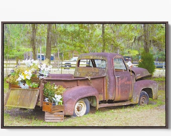 Rusted Farmhouse Truck with Flowers: Vintage Wall Art