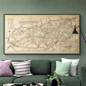Great Smoky Mountains Map | Vintage Mountain Map Restoration | National Park 1940 Map | Antique Wall Art Map USA | Vintage Wall Map Art