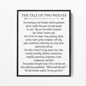 Two Wolves Cherokee Legend Print: Inspirational Poem, Framed Canvas