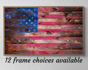 American Flag Decor | Burnt Wood American Flag | Rustic American Flag | Patriotic Wall Art | USA Framed Flag Print