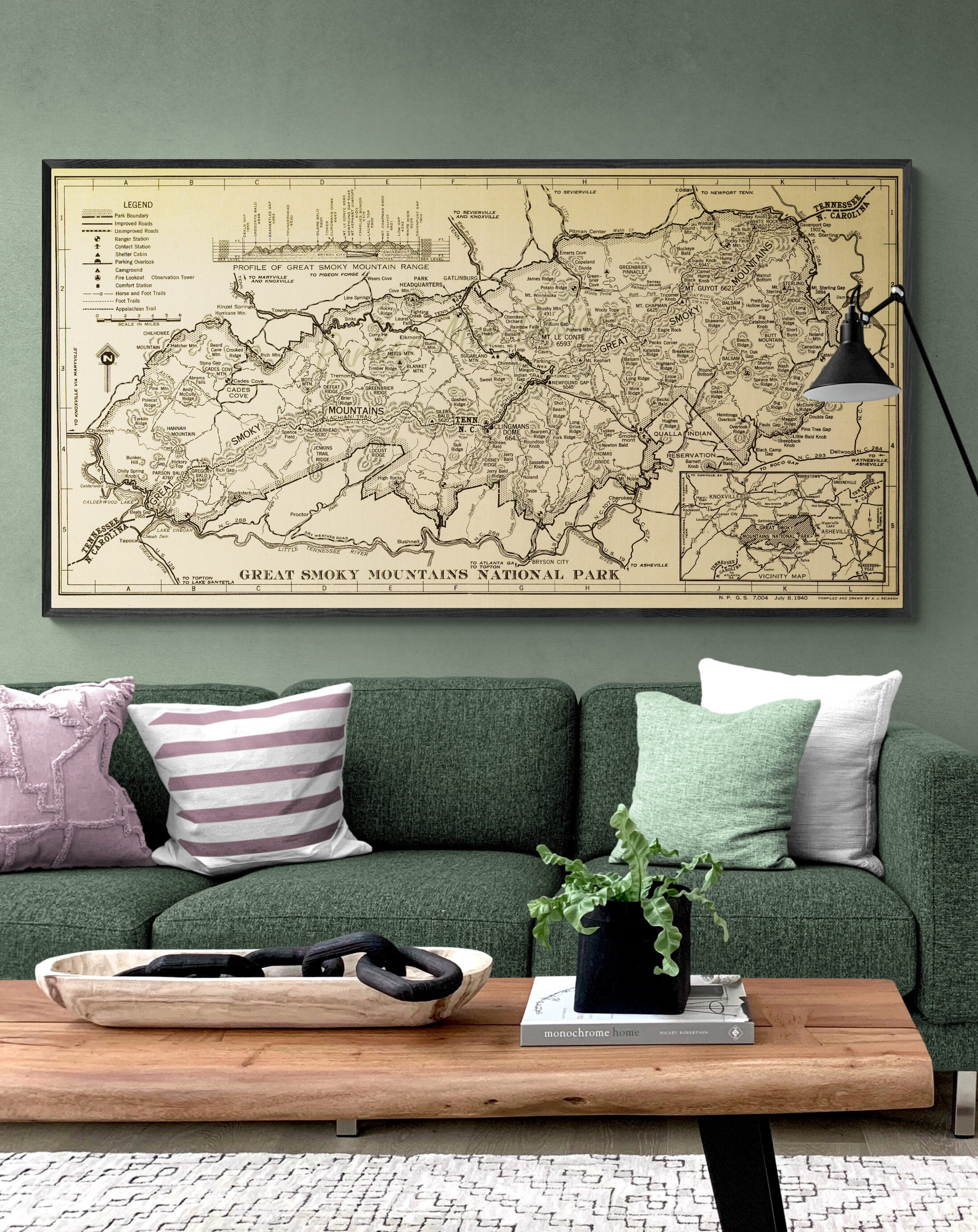 Carte Murale Vintage Des Great Smoky Mountains - Parc National 1940 - Style Ancien