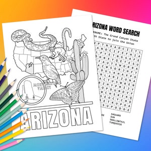 Bundesstaat Arizona USA Ausmalbilder & Wortsuchpuzzle | Lustige Geographie Aktivität für Kinder | Lernfarbe in Karte der Vereinigten Staaten