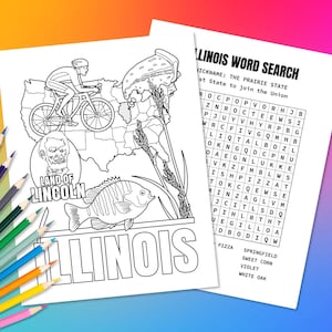 Bundesstaat Illinois USA Ausmalbilder & Wortsuchpuzzle | Lustige Geographie Aktivität für Kinder | Lernfarbe in Karte der Vereinigten Staaten