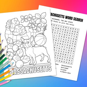 Massachusetts State USA Ausmalbilder & Wortsuchpuzzle | Lustige Geographie Aktivität für Kinder | Lernfarbe in Karte der Vereinigten Staaten