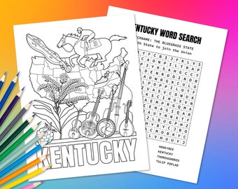 State of Kentucky USA Coloring Page & Word Search Puzzle | Fun Geography Activity for Kids | Educational Color in Map of the United States