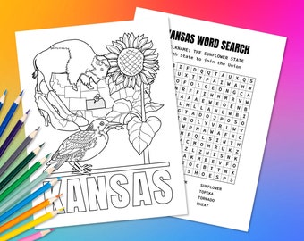Página para colorear del estado de Kansas, EE. UU. y rompecabezas de búsqueda de palabras / Actividad geográfica divertida para niños / Color educativo en el mapa de los Estados Unidos