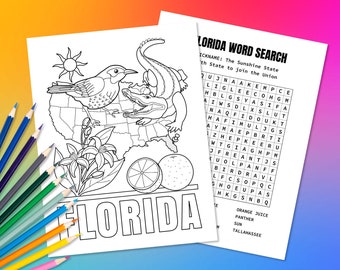 Página para colorear del estado de Florida EE. UU. y rompecabezas de búsqueda de palabras / Actividad geográfica divertida para niños / Color educativo en el mapa de los Estados Unidos