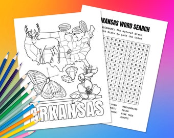 Página para colorear del estado de Arkansas, EE. UU. y rompecabezas de búsqueda de palabras / Actividad geográfica divertida para niños / Color educativo en el mapa de los Estados Unidos
