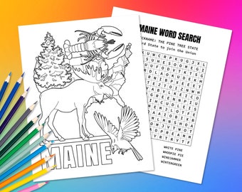 Página para colorear del estado de Maine EE. UU. y rompecabezas de búsqueda de palabras / Actividad geográfica divertida para niños / Color educativo en el mapa de los Estados Unidos