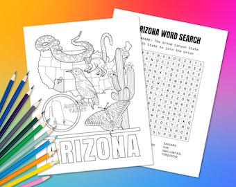 Página para colorear del estado de Arizona, EE. UU. y rompecabezas de búsqueda de palabras / Actividad geográfica divertida para niños / Color educativo en el mapa de los Estados Unidos