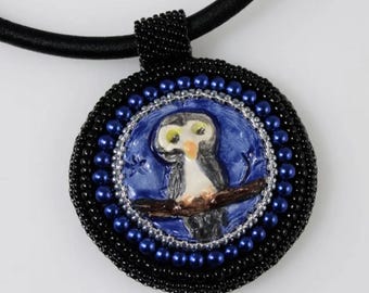 Owl Pendant Necklace – Ceramic Cabochon with Bead Embroidery and Peyote Bail, 18-inch Linen-Wrapped Cord