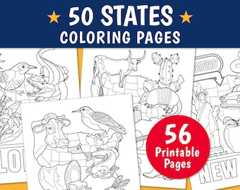 50 US States Coloring Pages Printable PDF, Homeschool Geography Activity for Kids, USA States Coloring Book, Landmarks Wildlife Symbols