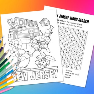 Bundesstaat New Jersey USA Ausmalbilder & Wortsuchpuzzle | Lustige Geographie Aktivität für Kinder | Lernfarbe in Karte der Vereinigten Staaten