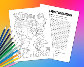 State of New Jersey USA Coloring Page & Word Search Puzzle | Fun Geography Activity for Kids | Educational Color in Map of the United States