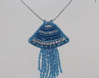 Blue Jellyfish Pendant Necklace – Handcrafted Bead Embroidery with Crystals, Fire-Polished Beads, and Twisted Fringe, 25-Inch Chain
