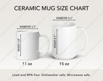 Mug Size Chart | 11 oz, 15 oz Sizing Guide | White Ceramic Coffee Mug Comparison Chart | Digital Download for POD Shops & Online Shops