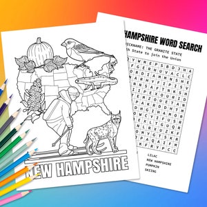 Bundesstaat New Hampshire USA Ausmalbilder & Wortsuchpuzzle | Lustige Geographie Aktivität für Kinder | Lernfarbe in USA Karte