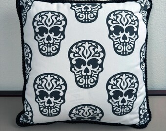 Black & White Skull Damask Throw Pillow with Insert 16x16, Premium Gothic Cushion