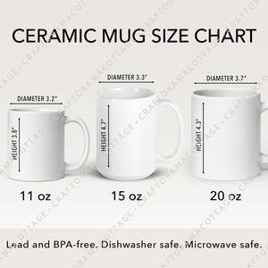 セラミックマグのサイズ表 | 11 オンス、15 オンス、20 オンスのサイズガイド | コーヒーマグの比較表 | POD ショップとオンラインショップ向けのデジタルダウンロード