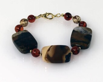 Picture Jasper and Amber Beaded Bracelet, Handcrafted Jewelry in Earthy Brown Tones, 7 Inches with Gold Lobster Clasp