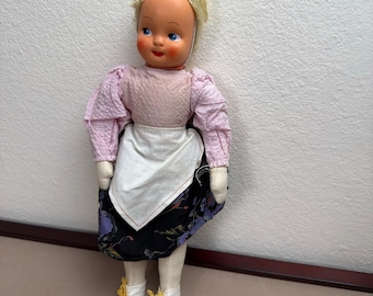Vintage 14” Polish Cloth Doll Mask Face, Hand-Painted Features, Folk Dress 1950s