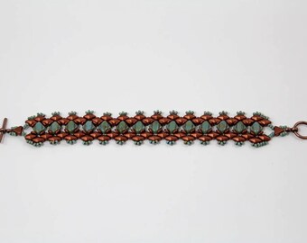 Silky Turquoise and Bronze Bracelet – Handcrafted Beadwork with Czech Glass and Kheops Puca Triangles, 7 1/4 Inches Beaded Jewelry