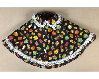 Medium Fall Harvest Vintage Goose Dress, Gourds, Leaves, Nuts, Mushrooms on Black Print, Lace Trim, Autumn Goose Clothes Dress with Collar