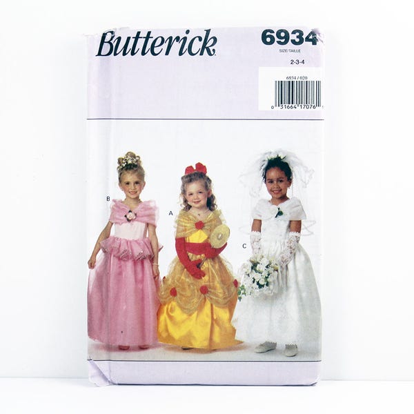 Butterick Pattern 6934, Children's Princess Costumes, Bride Costume, Wedding Gown Costume, Size 2, 3, 4, Halloween, Girl's Dress Up Patterns