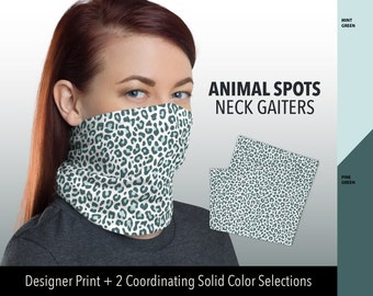 Face Covering Animal Spots | Leopard Print Neck Gaiter | Tube Scarf | Mint Headband | Fabric Face Cover for Women | Pine Green | Dust Mask