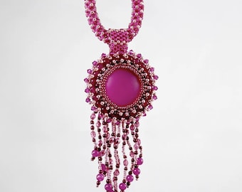 LunaSoft Pendant Necklace – Chenille Stitched Rope with Bead Embroidered Matte Raspberry Cabochon and Fringe