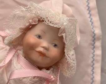 Holly Hunt Repro 6” Newborn Doll with Soft Body Pink Outfit and Blanket