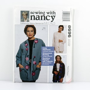 May include: Sewing pattern envelope for a jacket with a patchwork design. The pattern is called "Crazy Patchwork" and includes instructions for dimensional ruching, rambling pintucks, and trapunto. The envelope shows three different versions of the jacket, one in blue, one in white, and one in black and red.