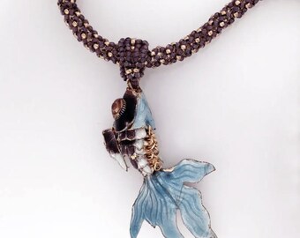 Koi Fish Pendant Necklace – Handcrafted Chenille Stitched Beaded Chain in Purple and Gold, 18 Inches