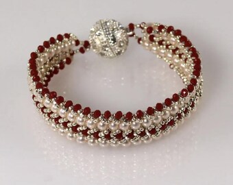 Double Flat Spiral Bracelet – Handcrafted Red, White, and Silver Beaded Bracelet with Magnetic Clasp, 7 1/2 Inches