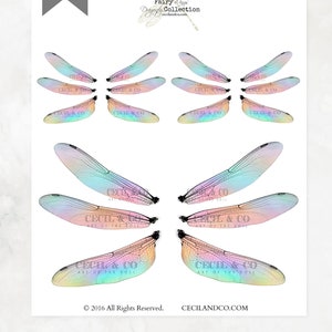 May include: A white sheet featuring multiple sets of iridescent dragonfly wings. The wings are in various sizes and orientations, with delicate veining details. The sheet includes text that reads "Dragonflies No. 156" and "Cecil & Co Fairy Wings Dragonfly Collection."