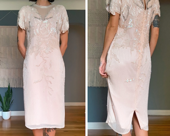 80s Handmade Shell Pink Beaded Dress